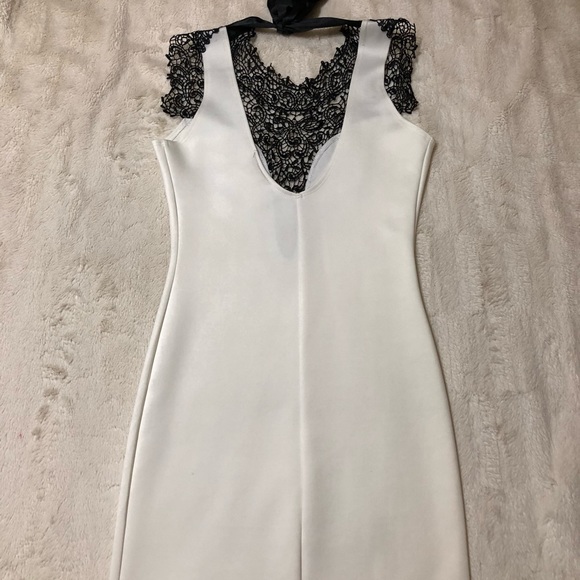 White Dress with Black Lace Deep V Neck (NWOT) - Picture 2 of 6